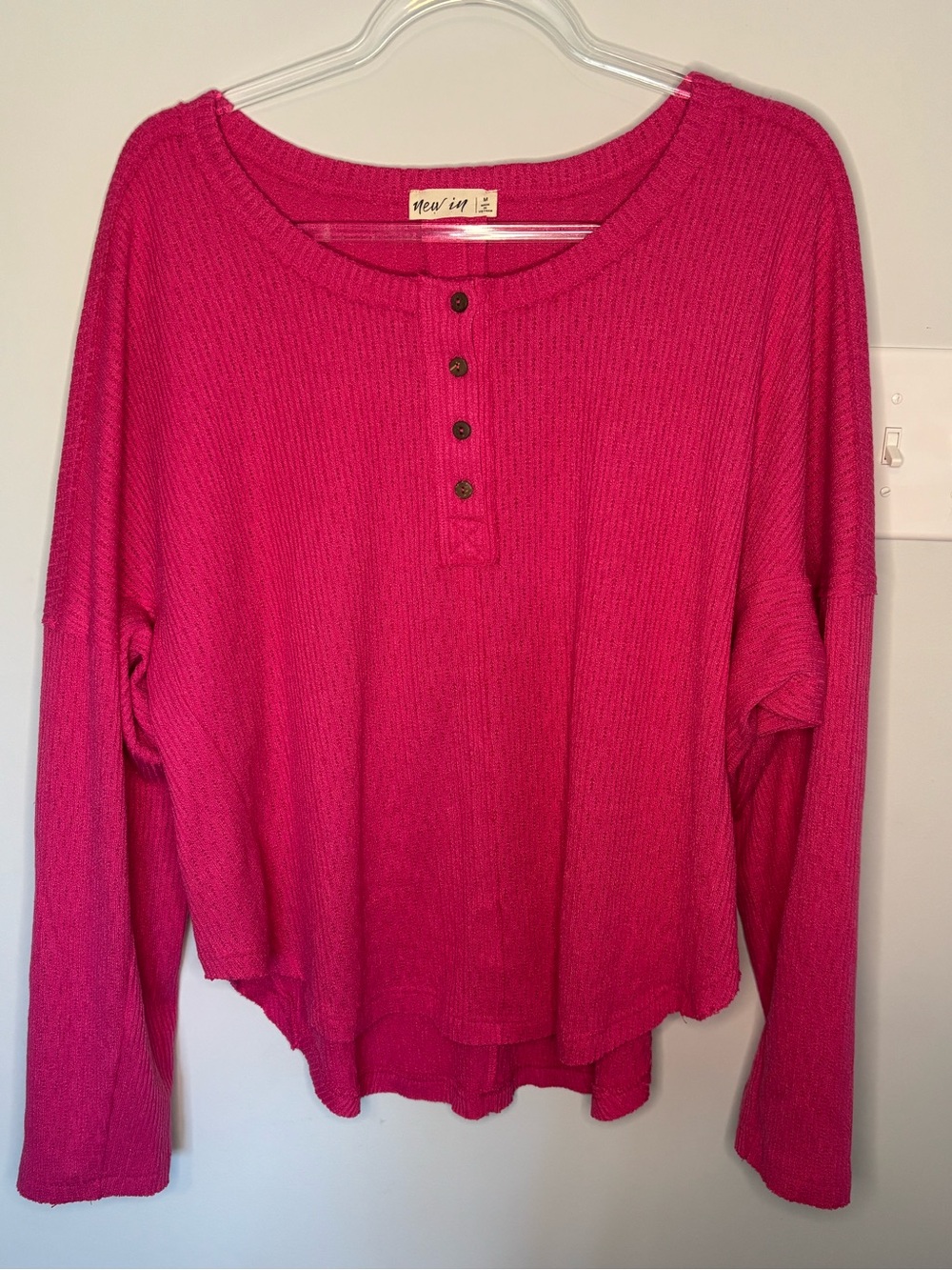 Relaxed Hot Pink Waffle Henley Long Sleeve Top